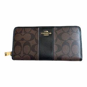 Coach Signature Canvas Accordion Zip Around Wallet Brown Black Leather Stripe